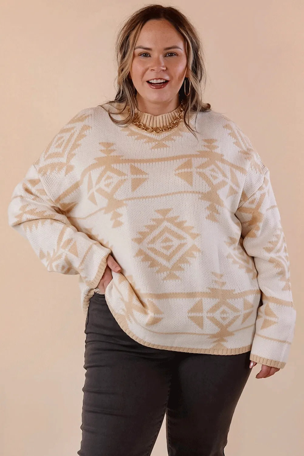 Apricot Plus Size Western Aztec Print Loose Sweater - Chic Meadow Boutique 