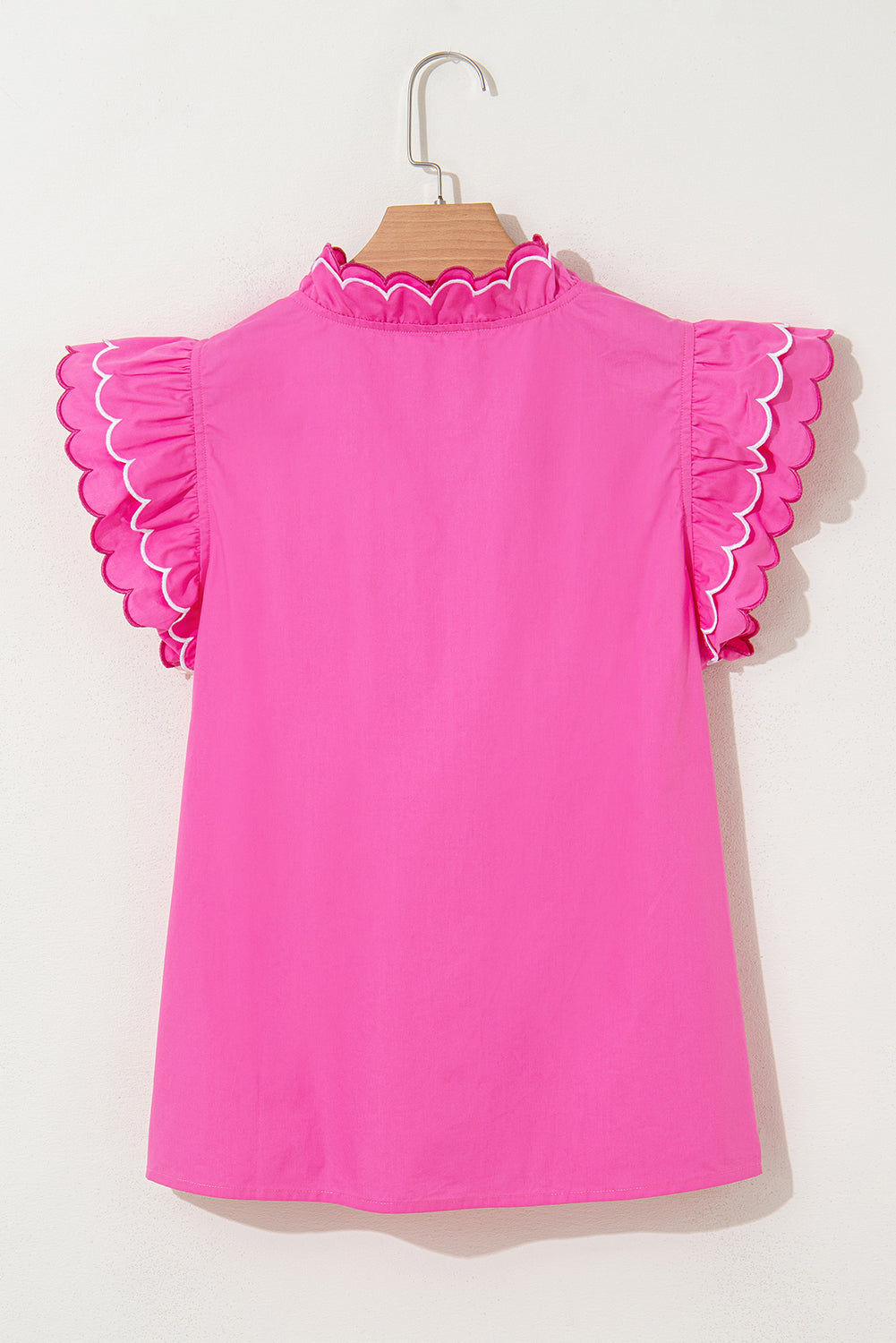 Bright Pink Contrast Scallop Trim Layered Short Sleeve V Neck Blouse