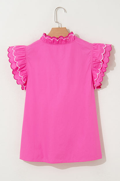 Bright Pink Contrast Scallop Trim Layered Short Sleeve V Neck Blouse