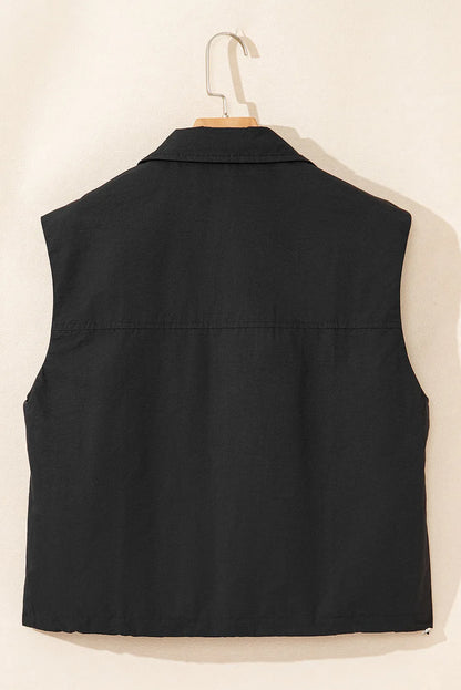 Black Flap Pockets Zip Up High Neck Vest - Chic Meadow Boutique 