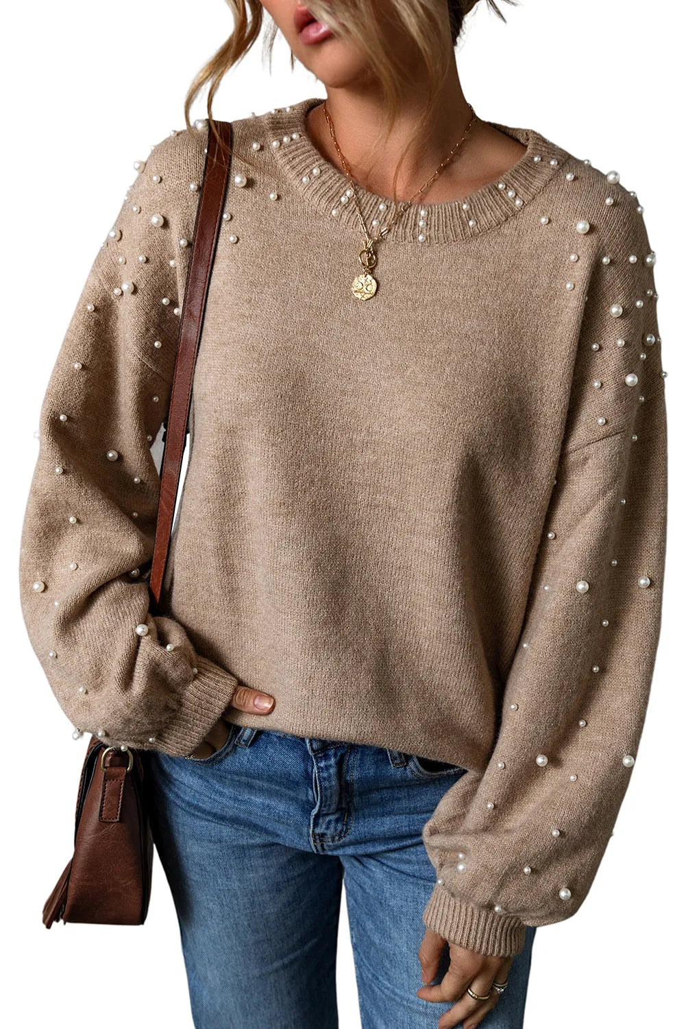 Smoke Gray Pearled Drop Shoulder Round Neck Sweater - Chic Meadow Boutique 