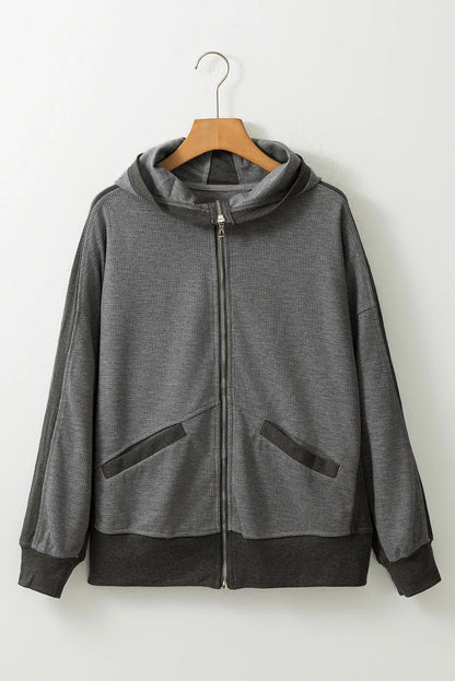 Gray Thermal Waffle Knit Full Zipper Hooded Jacket - Chic Meadow Boutique 