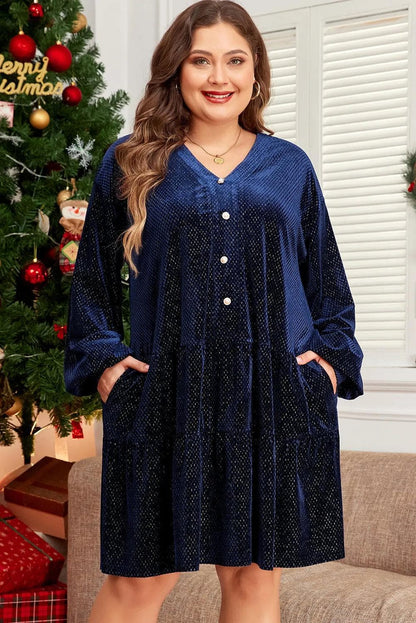 Plus Size/Plus Size Dresses/Plus Size Mini Dresses Navy Blue / 1X / 85%Polyester+10%Metallized fibres+5%Elastane Navy Blue Plus Size Textured Velvet Tiered Button V Neck Dress