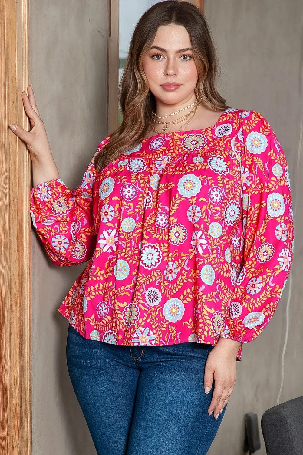 Plus Size/Plus Size Tops/Plus Size Blouses & Shirts Pink Plus Size Square Neck Floral Blouse