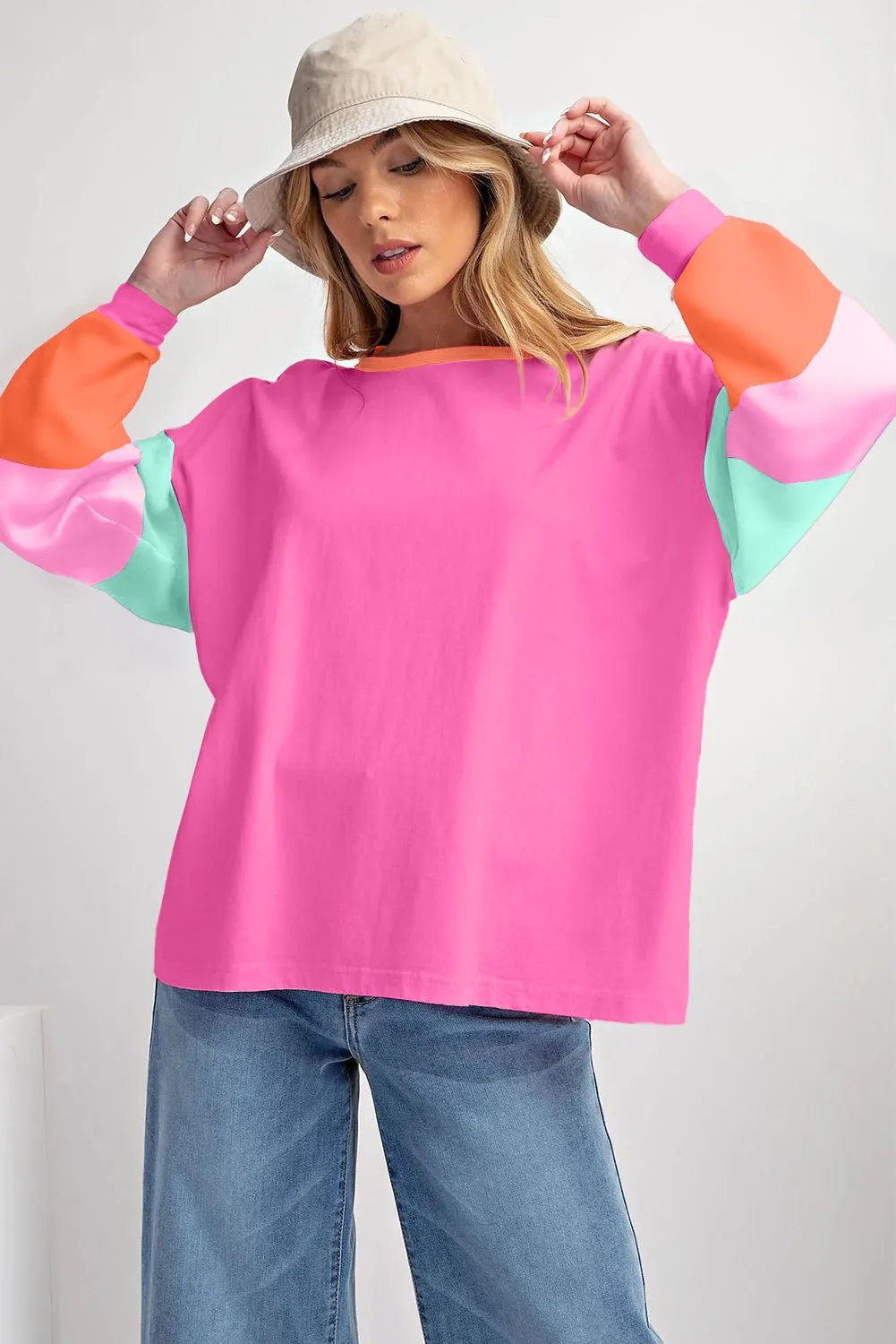 Rose Red Colorblock Patchwork Long Sleeve Loose Top - Chic Meadow Boutique 