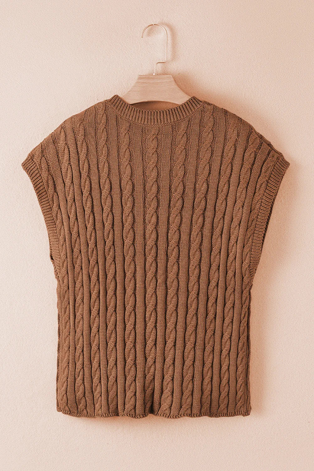 Chestnut Crew Neck Cable Knit Short Sleeve Sweater - Chic Meadow Boutique 