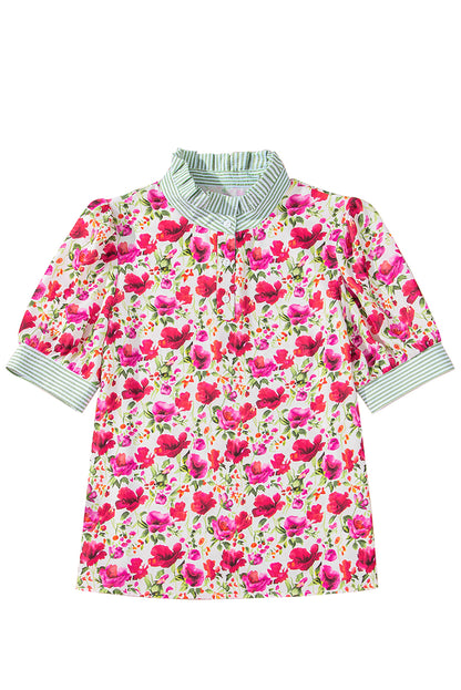 Red Floral Print Striped Patchwork Collared Short Sleeve Blouse