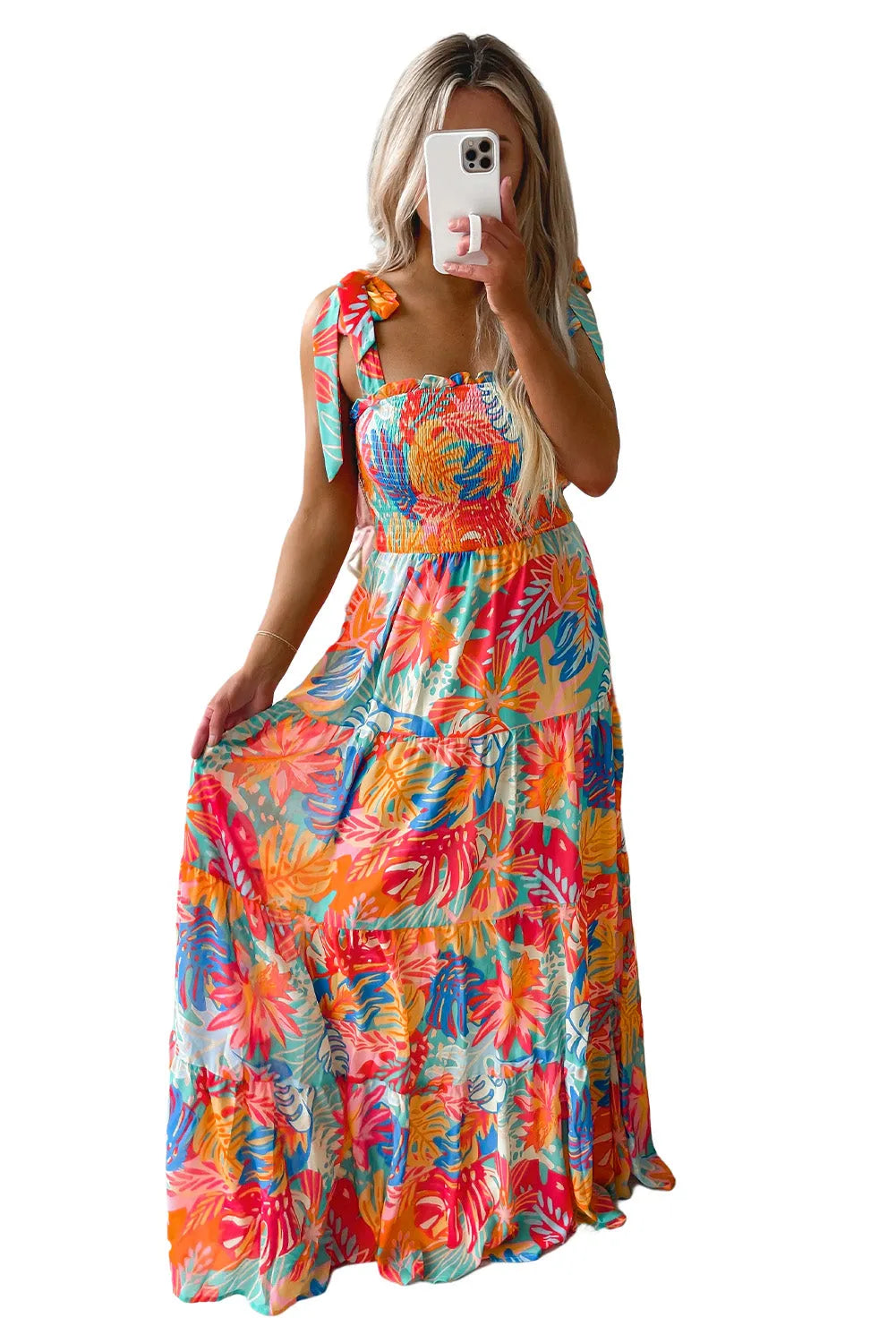 Multicolor Vibrant Tropical Print Smocked Ruffle Tiered Maxi Dress - Chic Meadow Boutique 