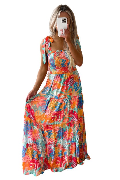 Multicolor Vibrant Tropical Print Smocked Ruffle Tiered Maxi Dress - Chic Meadow Boutique 