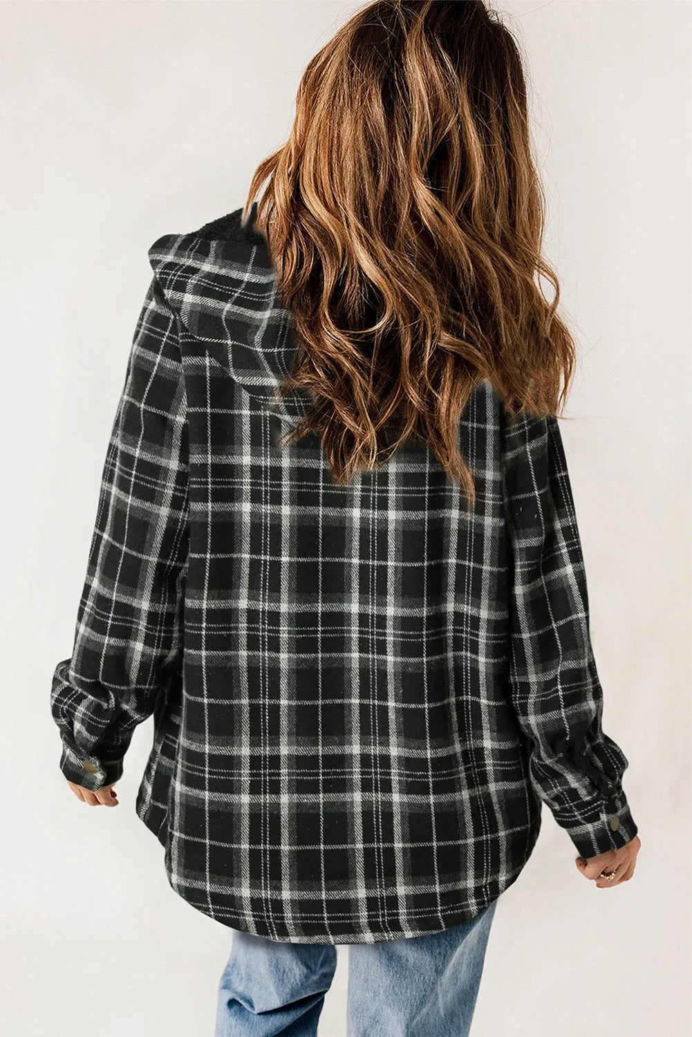 Black Plaid Pattern Sherpa Lined Hooded Shacket - Chic Meadow Boutique 