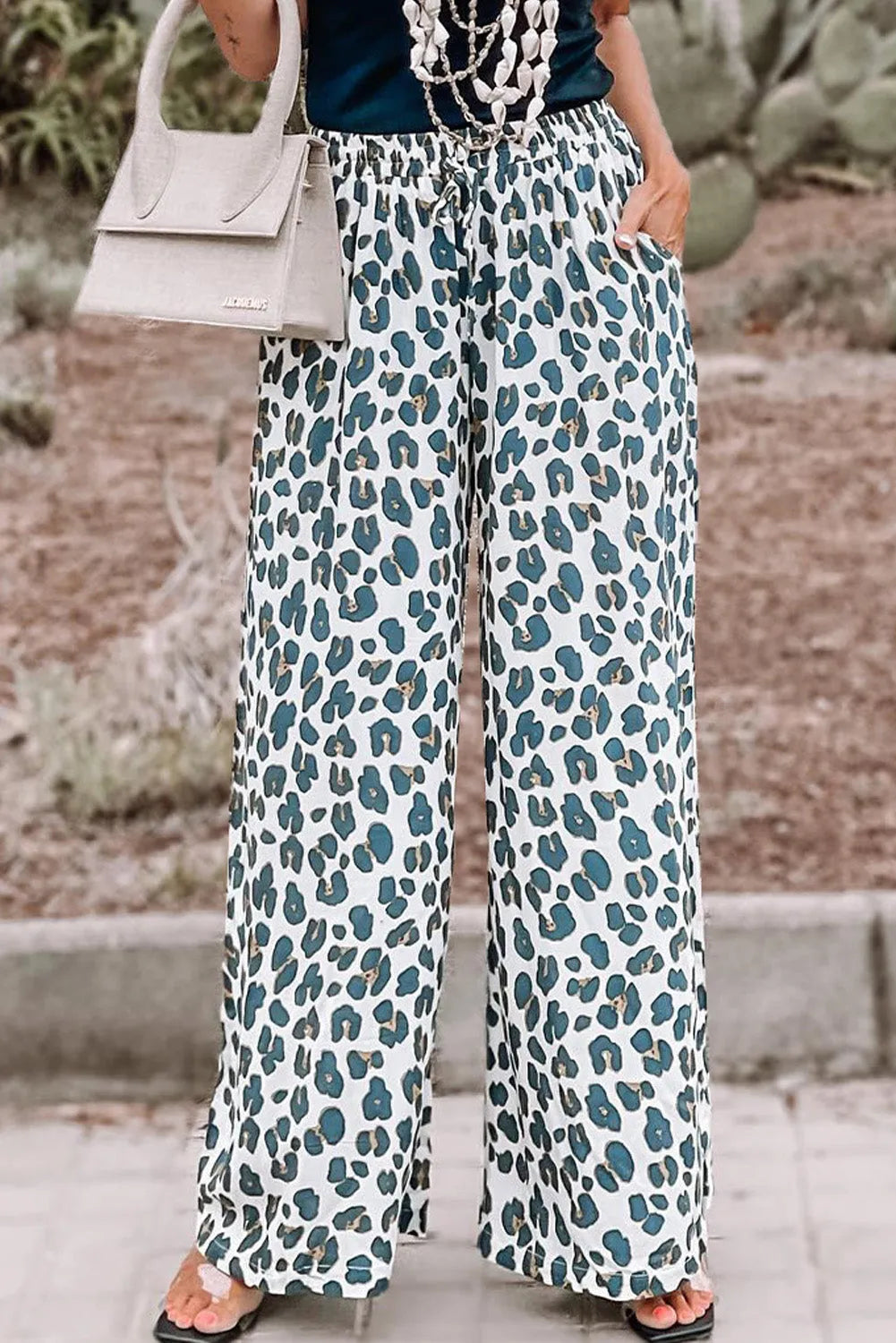 White Leopard Print Pocketed Wide Leg Pants - Chic Meadow Boutique 