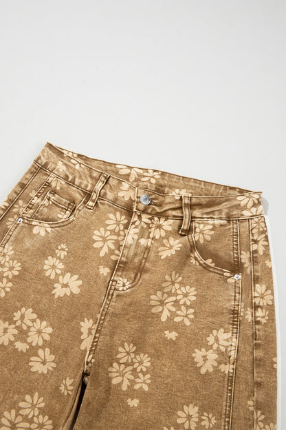 Khaki Floral Print Metal Button Pleated Straight Leg Jeans