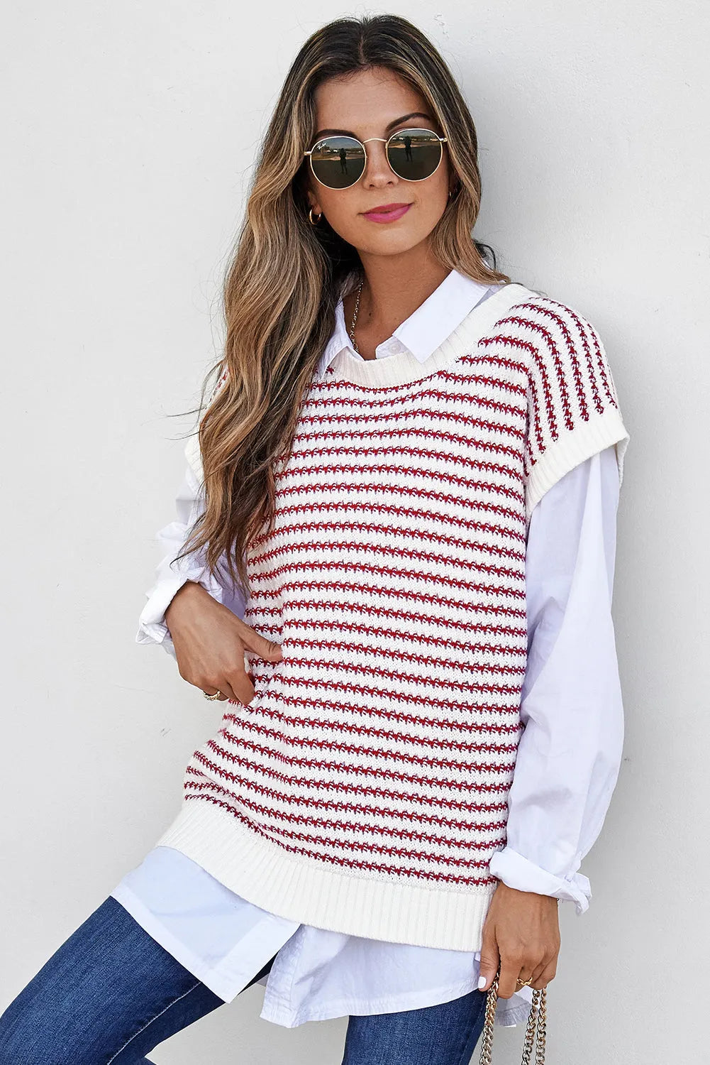 Red Stripe Ribbed Trim Loose Fit Knitted Sweater Vest - Chic Meadow Boutique 