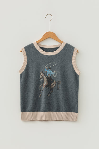 Gray Western Print Colorblock Trim Sleeveless Knitwear Vest