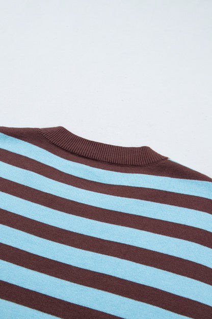 Brown Stripe Color Block Loose Crew Neck Cuffed Sweater