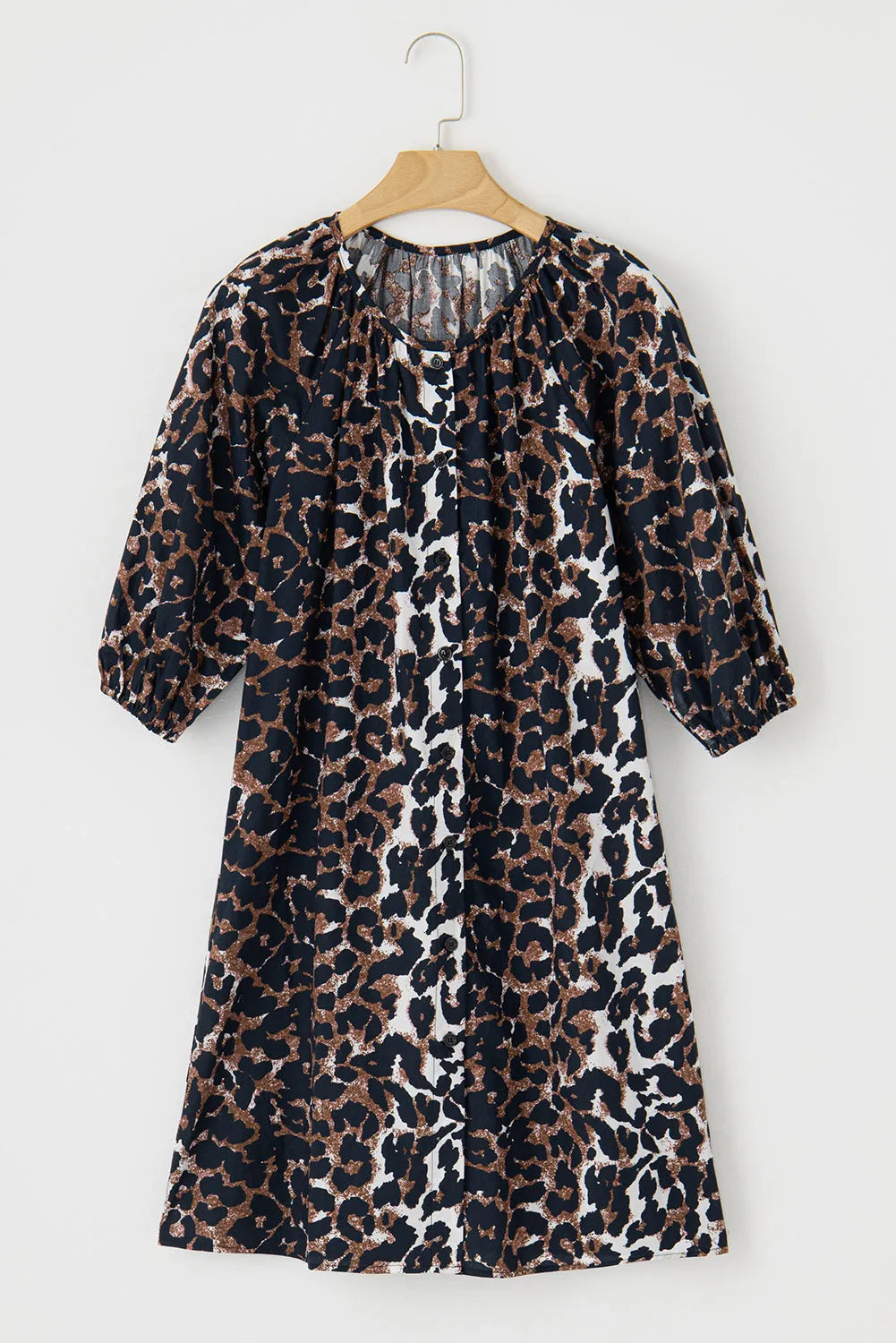 Black Leopard Puff Sleeve Buttons Front Shirt Dress - Chic Meadow Boutique 