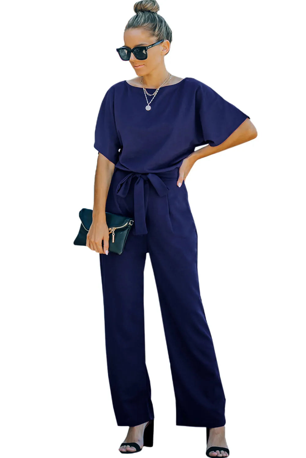 Blue Belted Wide Leg Jumpsuit - Chic Meadow Boutique 