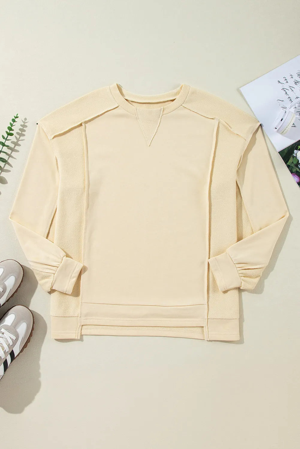 Beige Splicing Round Neck Pullover Sweatshirt - Chic Meadow Boutique 