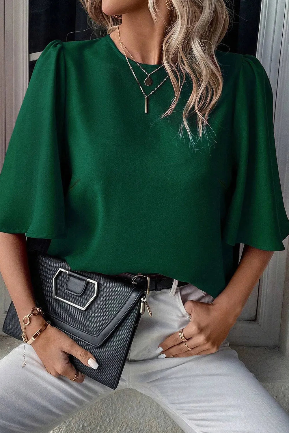 Blackish Green Solid Color Satin Keyhole Back Wide Sleeve Blouse - Chic Meadow Boutique 