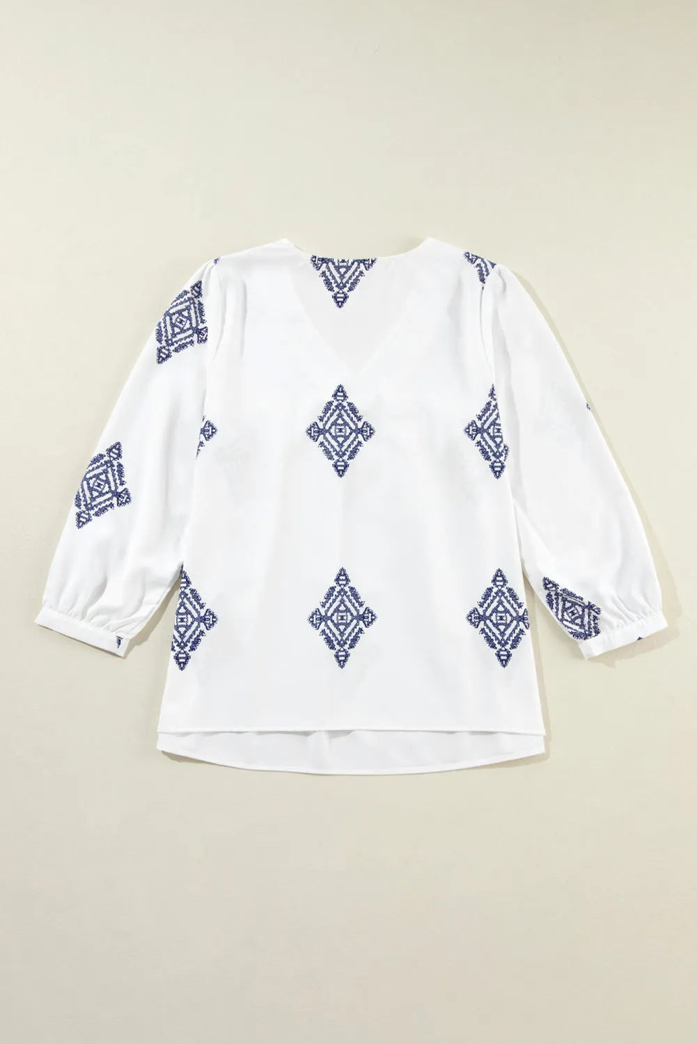 Tops/Blouses & Shirts White Boho Geometric Print Bracelet Sleeve V Neck Blouse