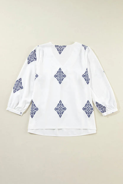 White Boho Geometric Print Bracelet Sleeve V Neck Blouse - Chic Meadow Boutique 