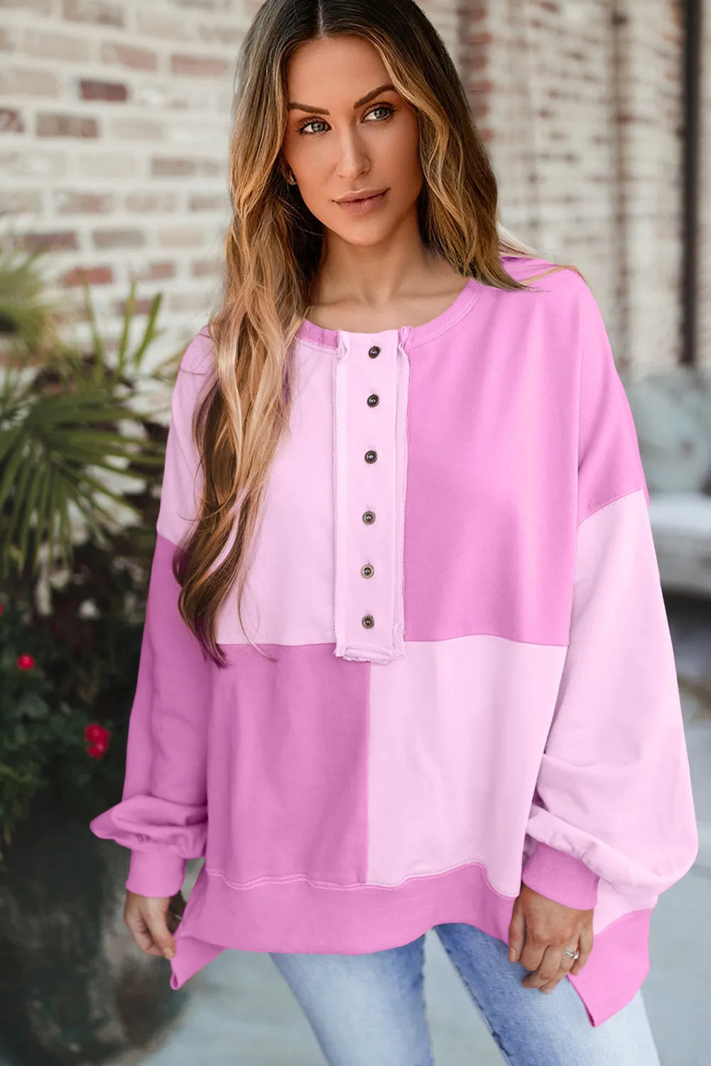 Pink Colorblock Henley High Low Oversize Sweatshirt - Chic Meadow Boutique 