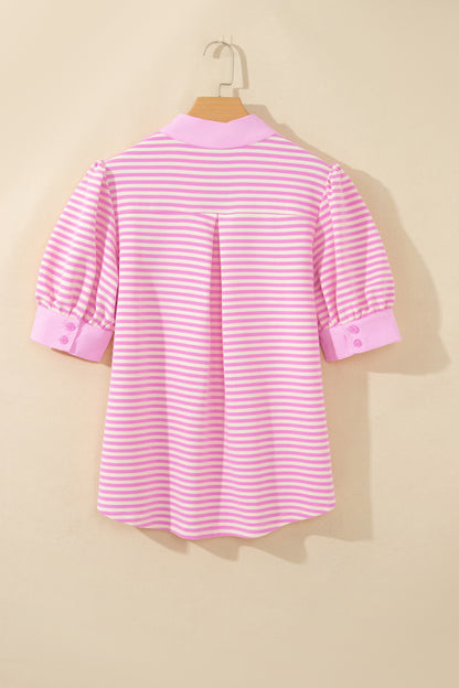 Pink Stripe Color Block Detail Split Neck Short Sleeve Blouse