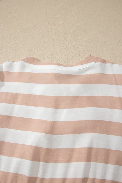 Khaki Stripe Tie V Neck Ruffle Trim Short Sleeve Flared Summer Dress