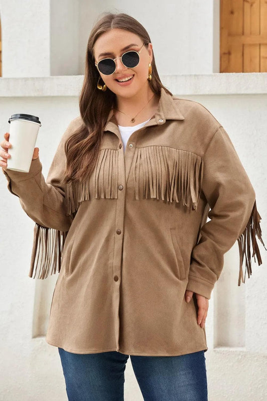 Plus Size/Plus Size Outerwear Khaki / 1X / 90%Polyester+10%Elastane Khaki Fringe Trim Plus Size Suede Shacket