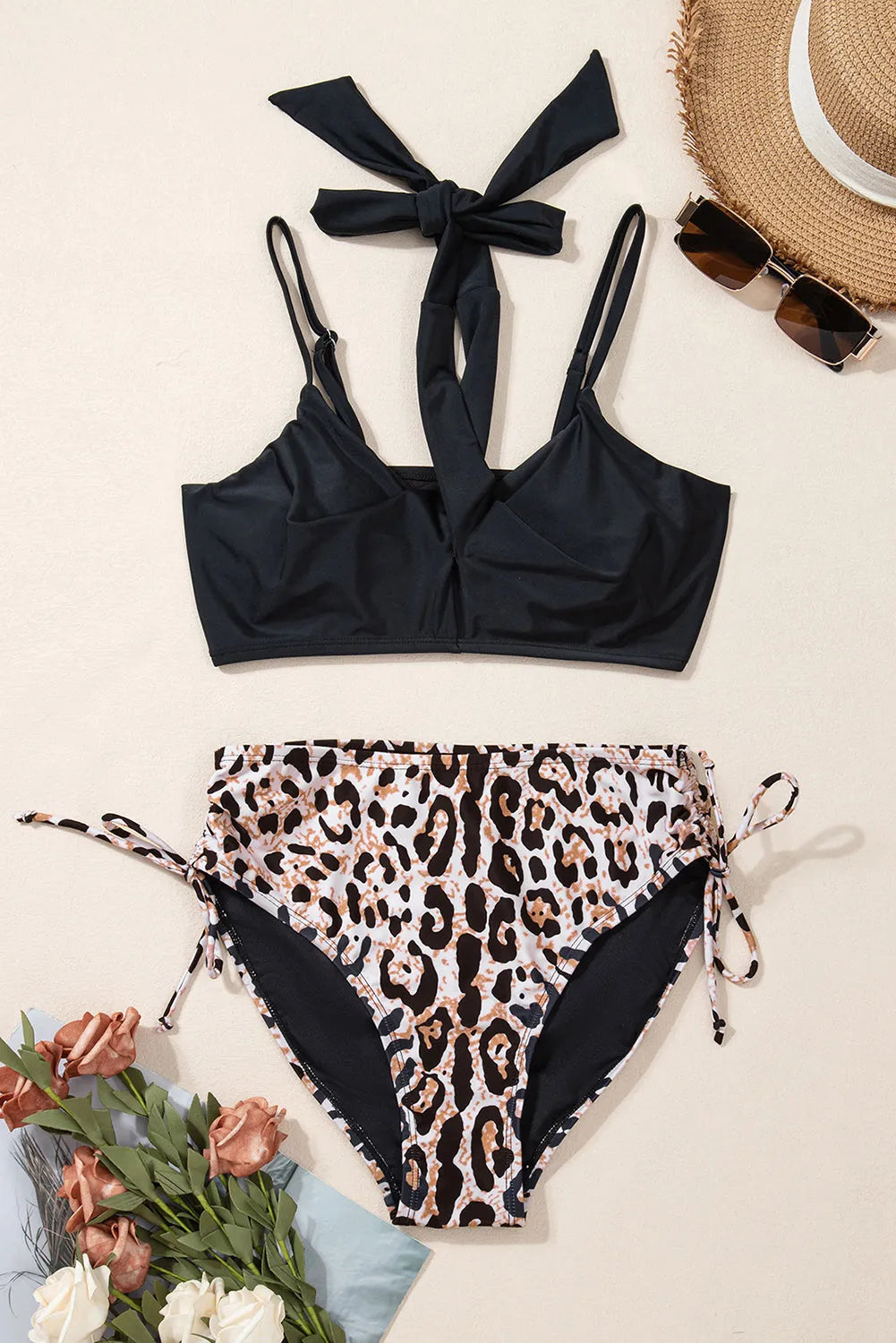 Black Crossed Tie Back Leopard Bikini Swimsuit - Chic Meadow Boutique 