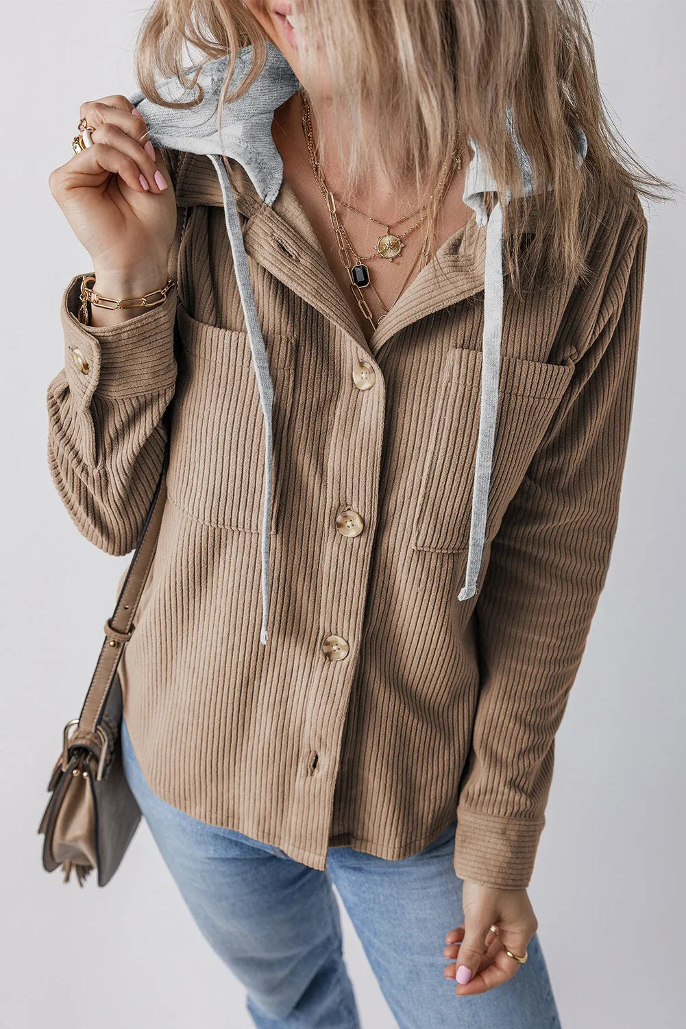 Pale Khaki Hooded Drawstring Pockets Corduroy Shacket - Chic Meadow Boutique 