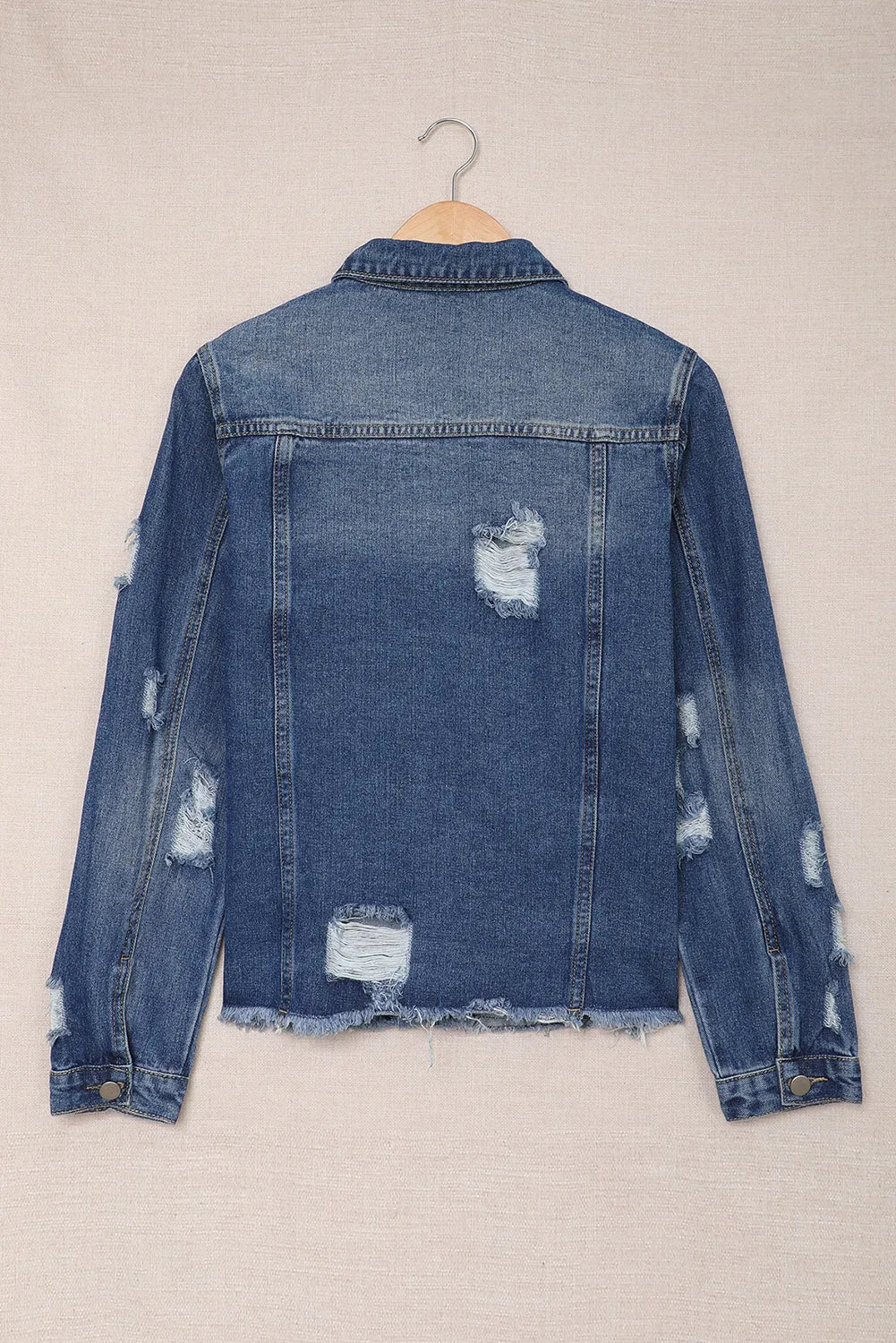 Blue Lapel Distressed Raw Hem Buttons Denim Jacket - Chic Meadow Boutique 