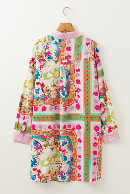 Multicolour Boho Floral Print Buttoned Long Sleeve Shirt Dress