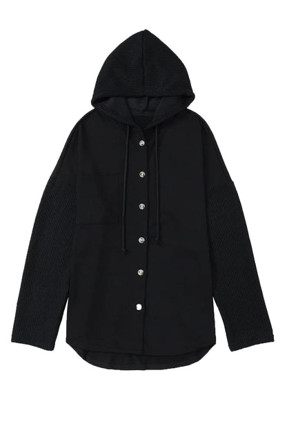 Black Button Up Contrast Knitted Sleeves Hooded Jacket - Chic Meadow Boutique 