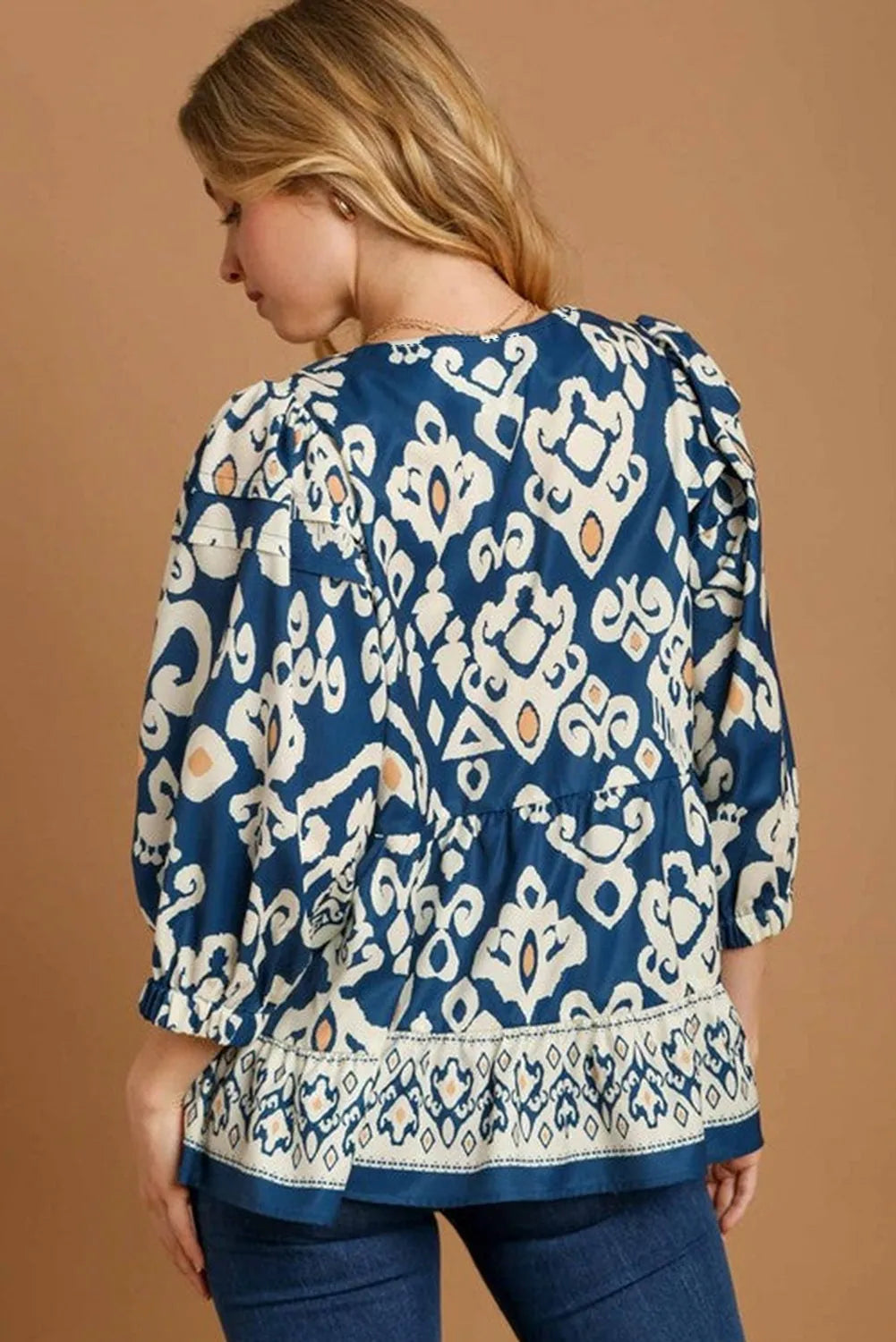 Blue Tribal Geometric Print 3/4 Sleeve Flowy Fit Blouse - Chic Meadow Boutique 