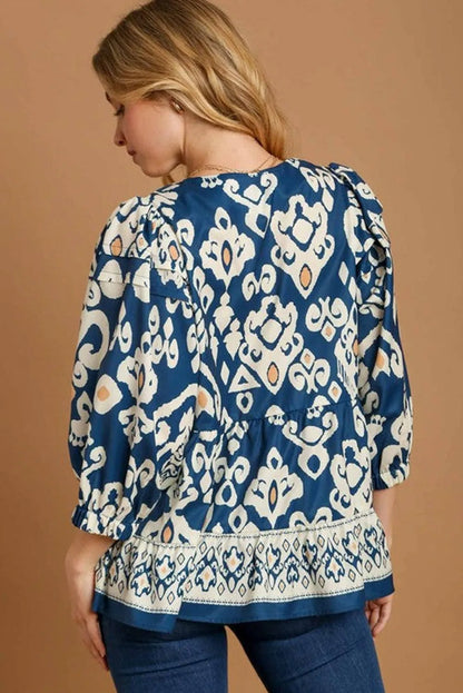 Blue Tribal Geometric Print 3/4 Sleeve Flowy Fit Blouse - Chic Meadow Boutique 