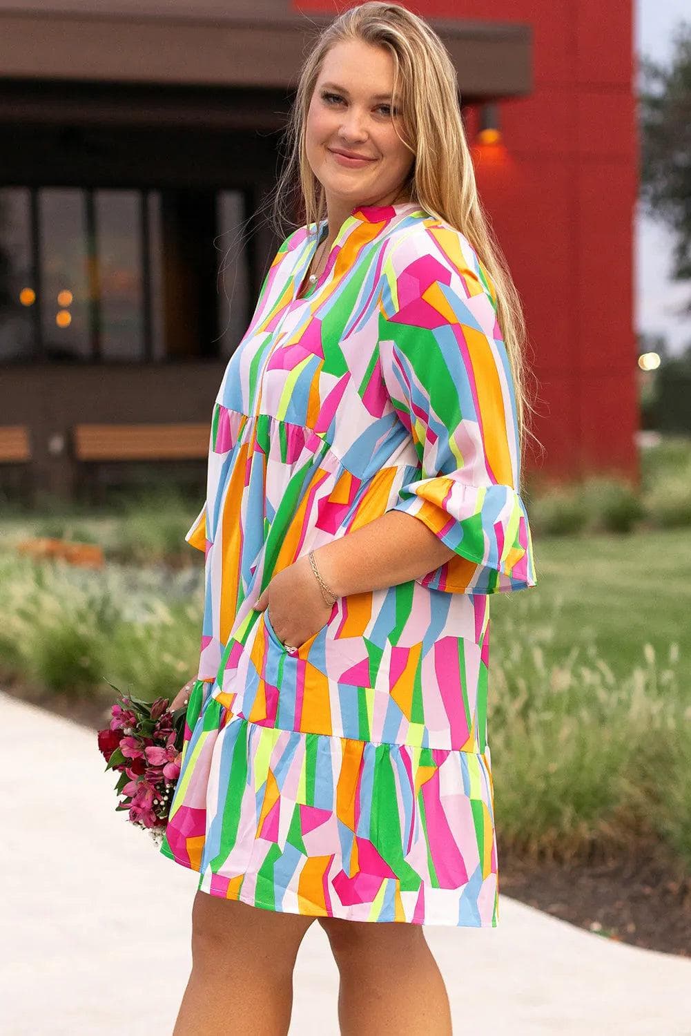 Plus Size/Plus Size Dresses/Plus Size Mini Dresses Multicolour Plus Size Vibrant Abstract Print Tiered Ruffled Mini Dress