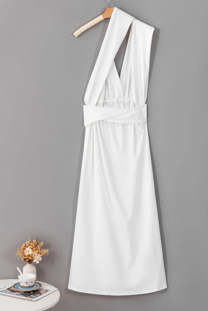 White Sleeveless Ruched High Split Cutout Back Maxi Dress - Chic Meadow Boutique 