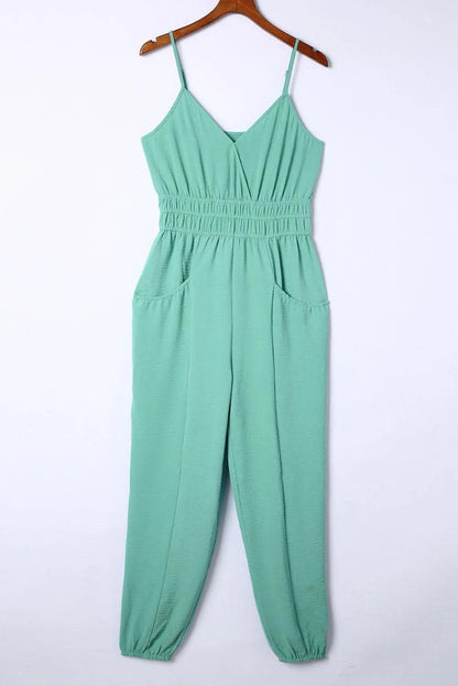 Bottoms/Jumpsuits & Rompers Green Shirred High Waist Sleeveless V Neck Jumpsuit