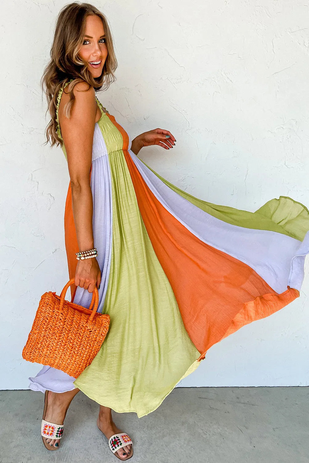 Green Color Block Shirred High Waist Fit and Flare Maxi Dress - Chic Meadow Boutique 