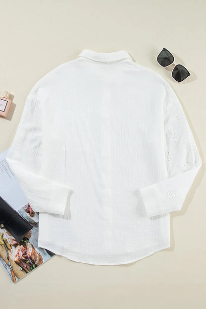 White Broidered Anglaise Crinkle Loose Shirt - Chic Meadow Boutique 