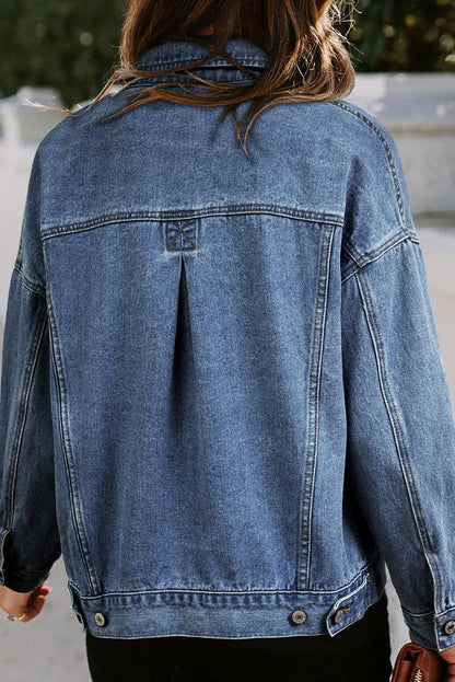 Dark Blue Washed Oversize Pocketed Denim Jacket - Chic Meadow Boutique 