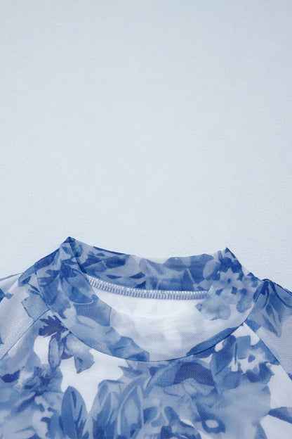Sky Blue Floral Print Long Sleeve Stand Neck Mesh Top