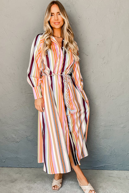 White Multicolor Striped Cuffed Sleeve Tassel Tied Shirt Maxi Dress