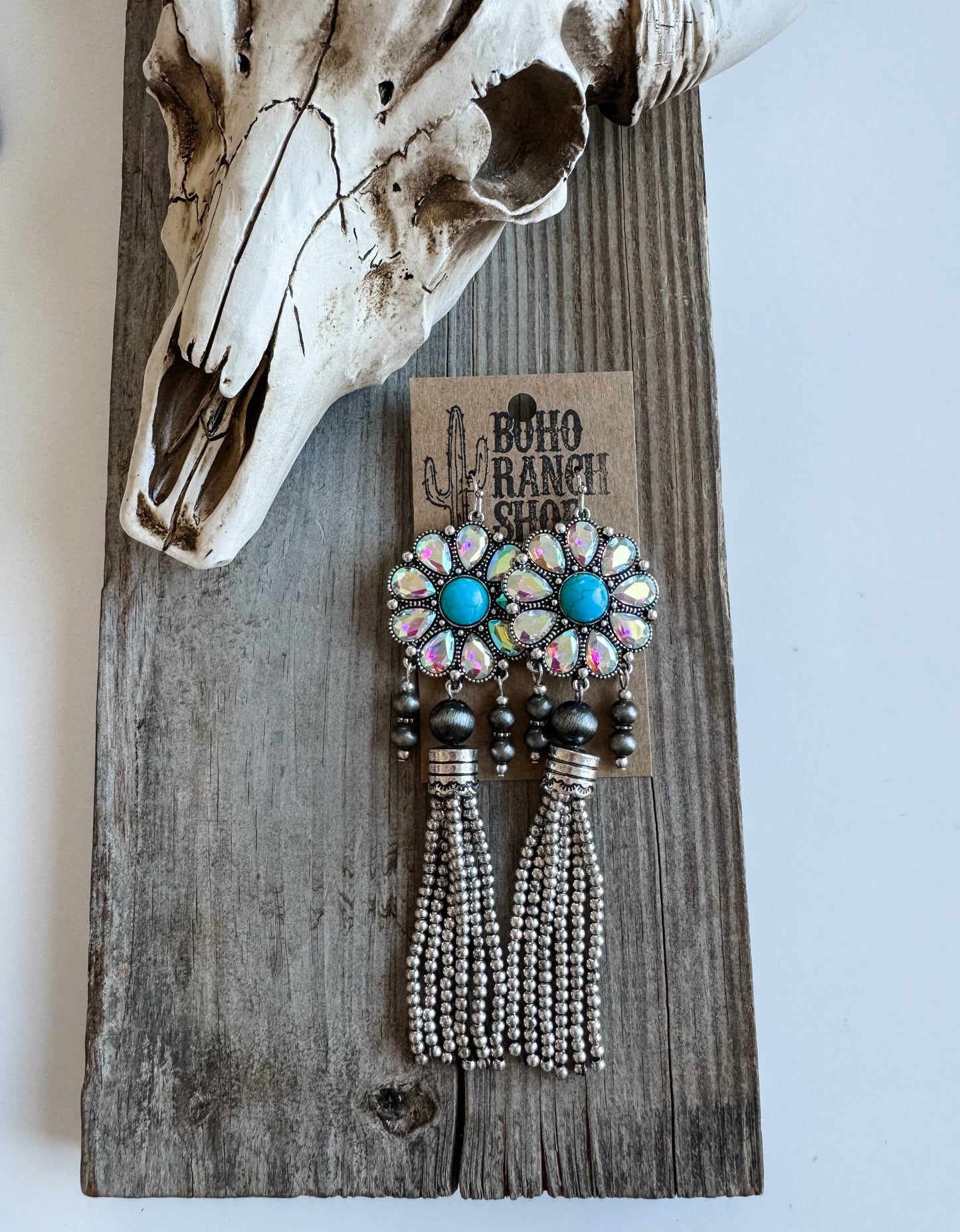 Western Concho Bead Fringe Dangle Earrings