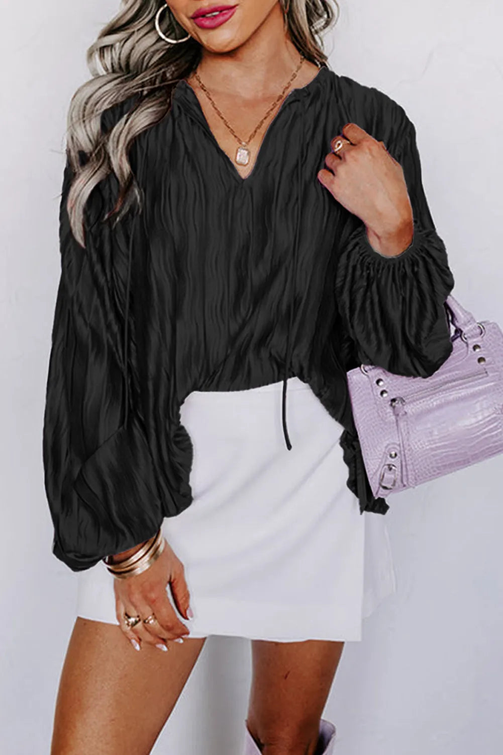 Black Textured Bubble Sleeve V Neck Loose Blouse - Chic Meadow Boutique 