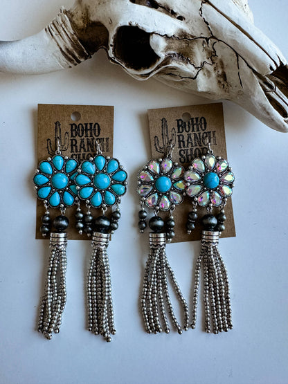 Western Concho Bead Fringe Dangle Earrings