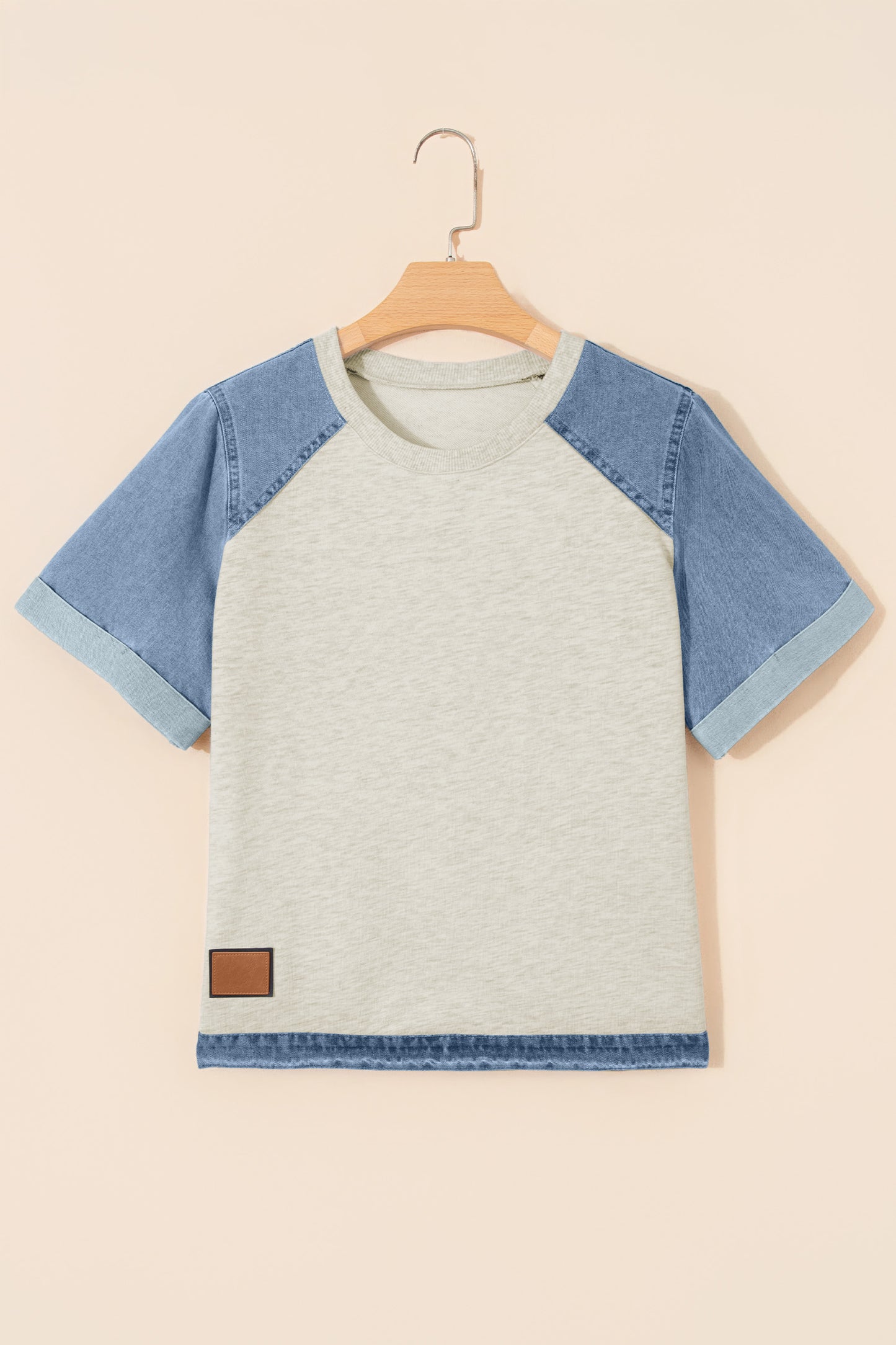 Beige Denim Color Block Patchwork Round Neck Tee