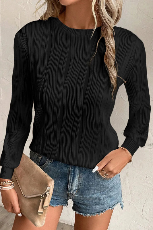 Black Textured Wavy Round Neck Long Sleeve Top - Chic Meadow Boutique 