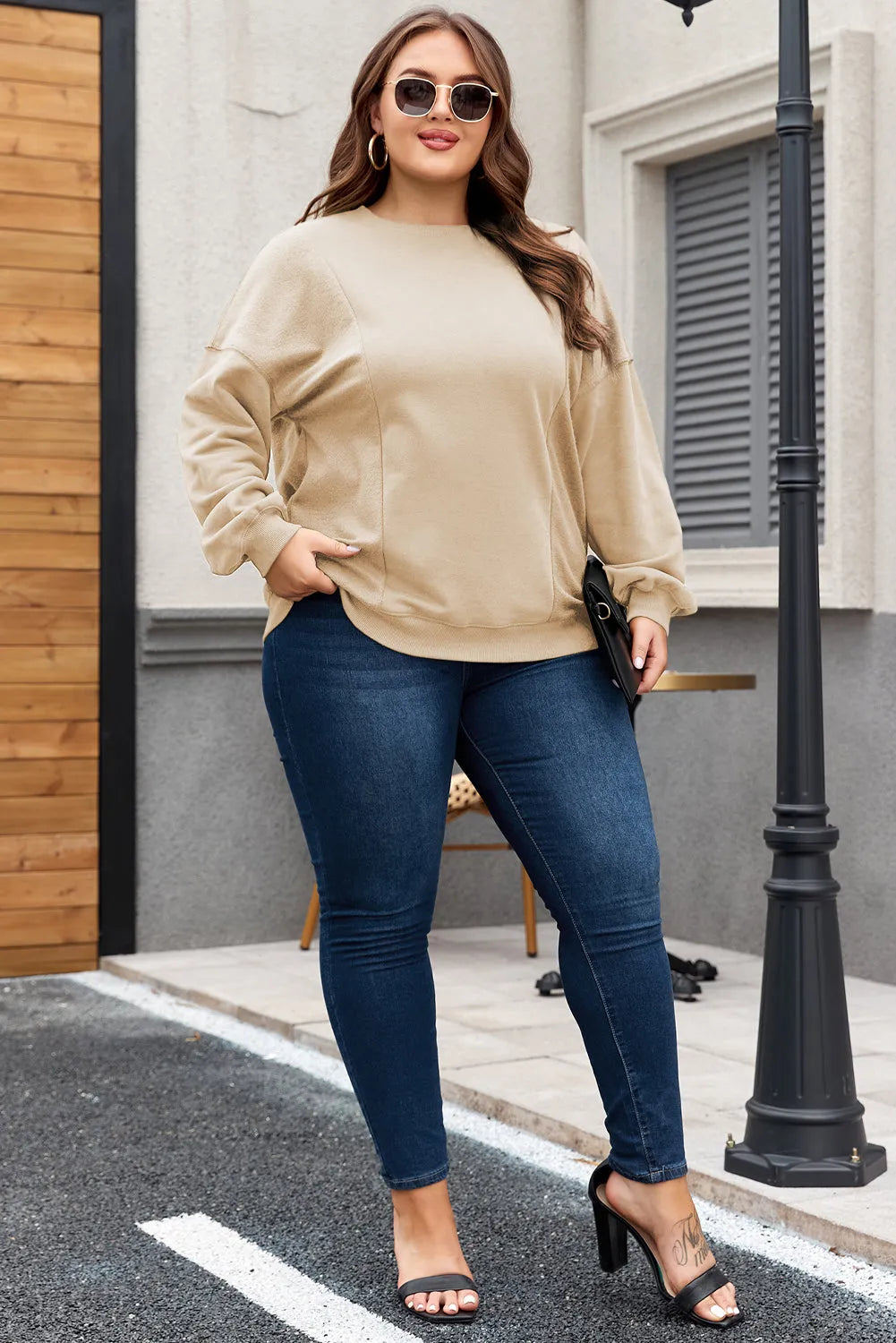 Apricot Loose Patchwork Crewneck Plus Size Sweatshirt - Chic Meadow Boutique 